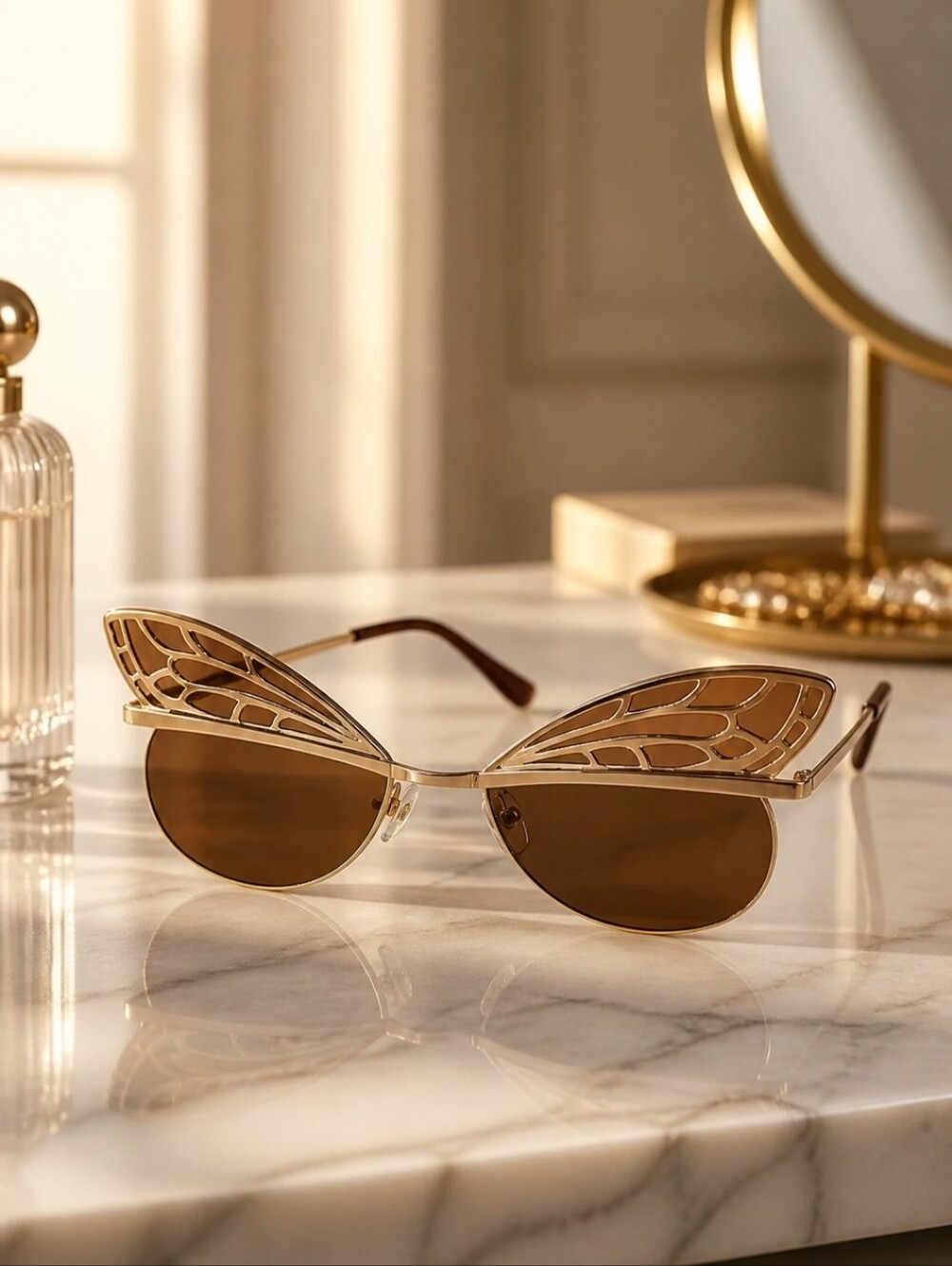 Stylish Rose Gold Butterfly Wing Women's Sunglasses - Brown Lenses